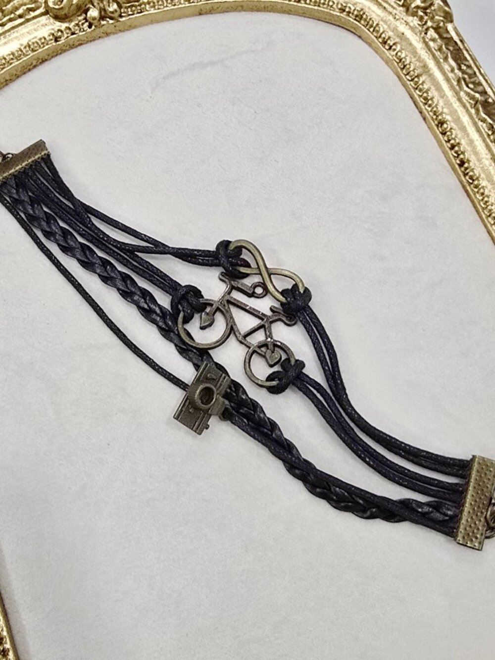 Handmade ✦ Black Leather Bicycle & Camera Charm Bracelet ✦ Infinity Adjustable